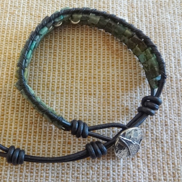 Square African Turquoise Leather Wrap Bracelet - Picture 3 of 6